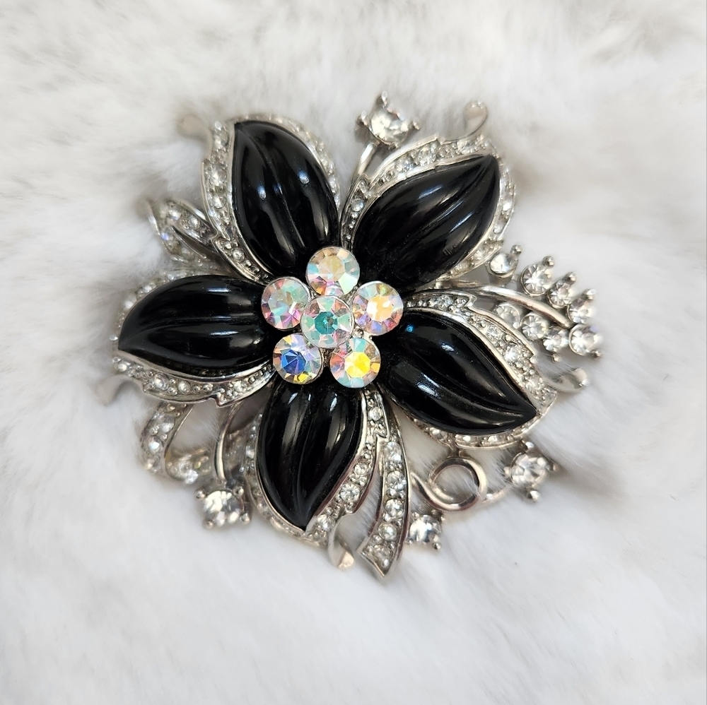 Vintage Black and Crystal Brooch